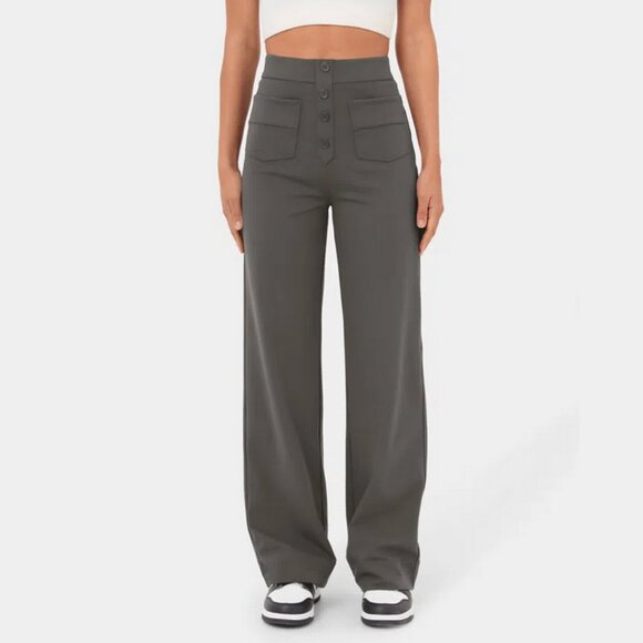 High Waisted Button Multiple Pockets Straight Leg Casual Pants, Petite XS - Picture 1 of 3